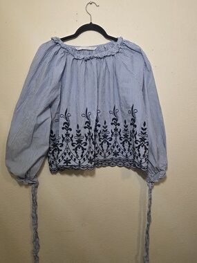 Zara Blue White Striped Embroidered Crop Top Boho Tie Sleeve Blouse
